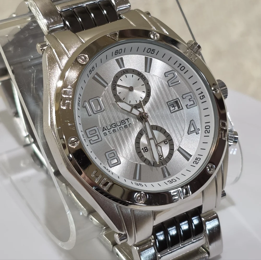 August Steiner Men's AS8070SS Swiss Quartz Month Date Silvertone Wrist Watch